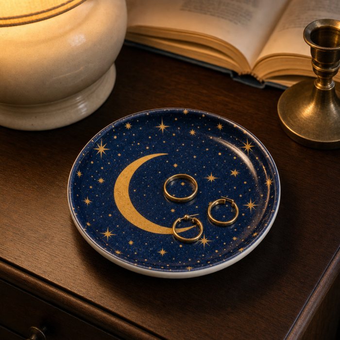Crescent Night dish with gold rings on a walnut nightstand