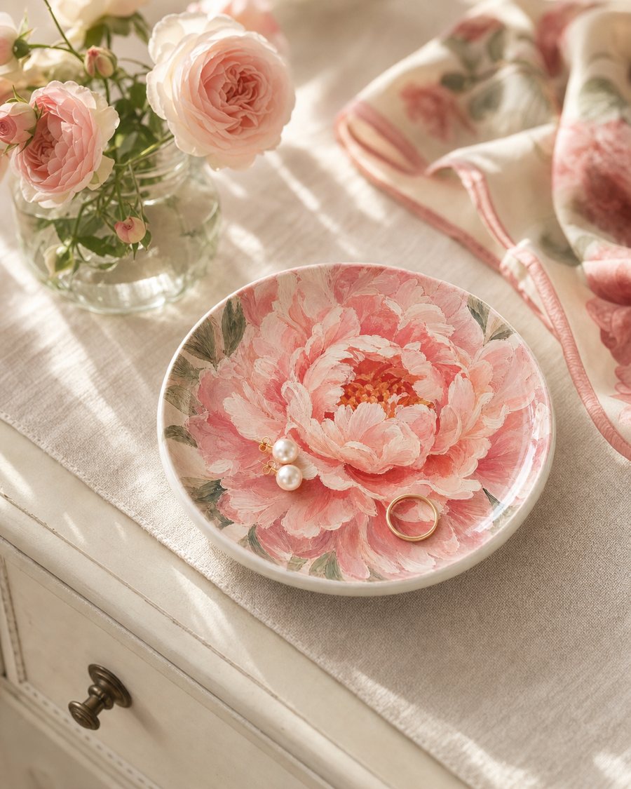 Blush Peony trinket dish holding pearl earrings on a cream dresser