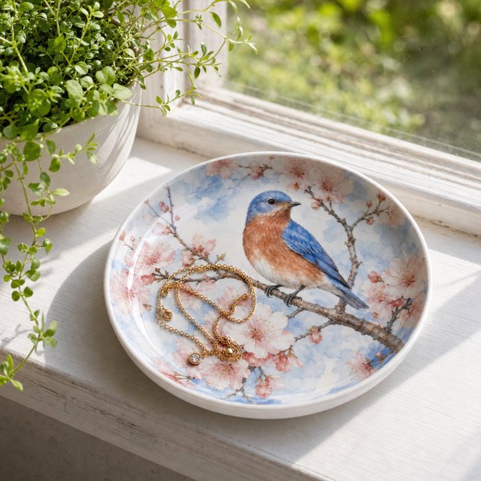 Bluebird Blossom dish with a gold necklace on a sunny windowsill
